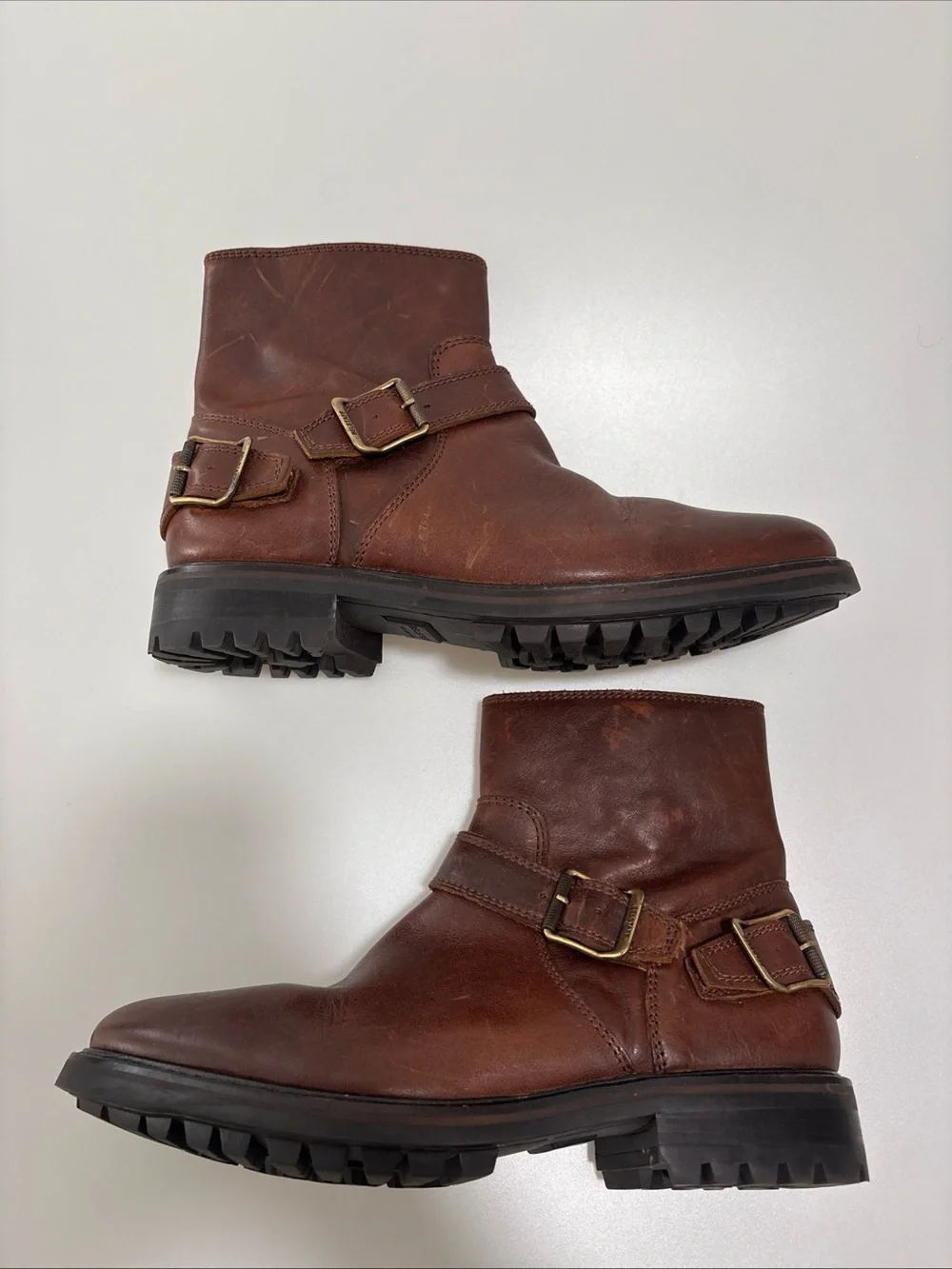 Mens Belstaff brown leather biker metal strap mid high boots size 9.5